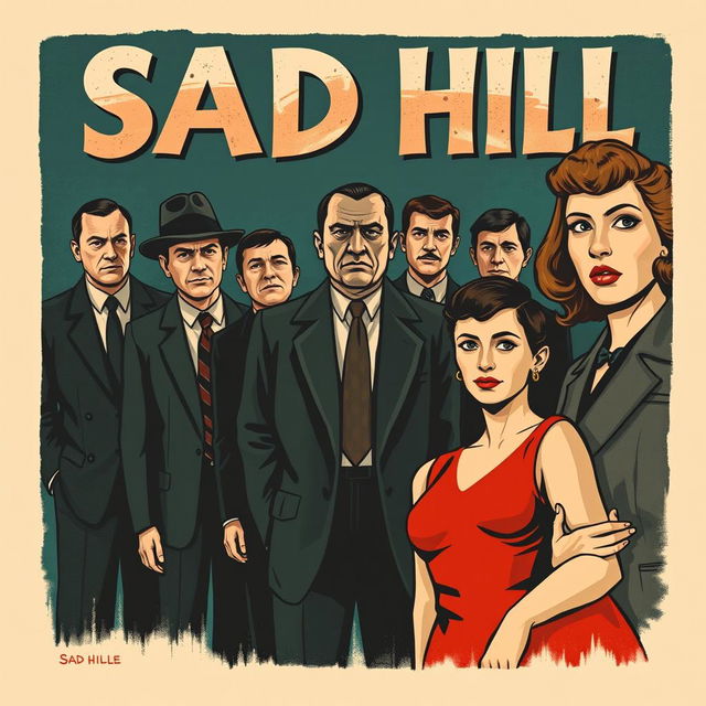 An illustrated, vintage 1950s-style movie poster for a film titled "SAD HILL"