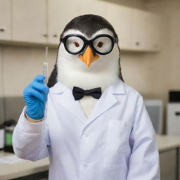 A penguin dressed in a white lab coat with safety goggles on, holding a test tube, inside a science laboratory.