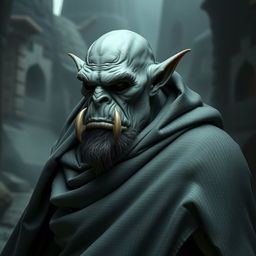 An enigmatic orc with smooth grey skin that reflects power and wisdom