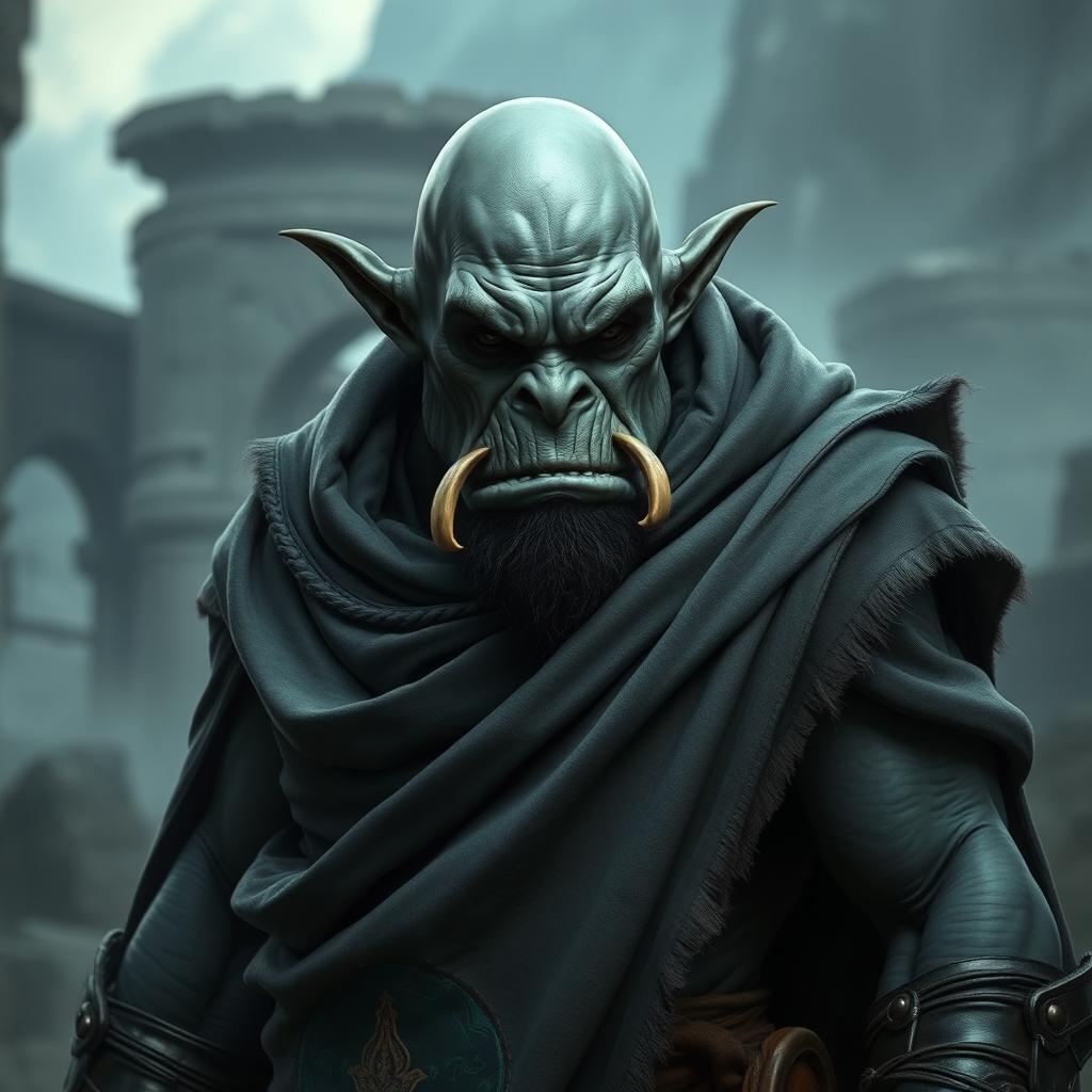 An enigmatic orc with smooth grey skin that reflects power and wisdom