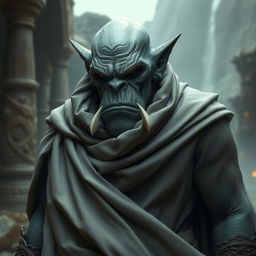 An enigmatic orc with smooth grey skin that reflects power and wisdom