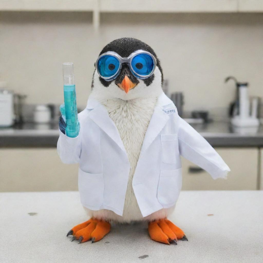 A penguin dressed in a white lab coat with safety goggles on, holding a test tube, inside a science laboratory.