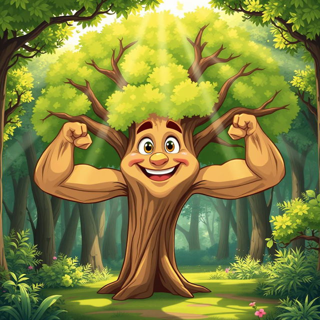 a cartoon illustration of an elm tree with muscular arms as branches, the tree has a friendly face with expressive eyes and a big smile, standing proudly in a lush green forest, with rays of sunlight filtering through the leaves, creating a magical atmosphere