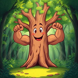 a cartoon illustration of an elm tree with muscular arms as branches, the tree has a friendly face with expressive eyes and a big smile, standing proudly in a lush green forest, with rays of sunlight filtering through the leaves, creating a magical atmosphere