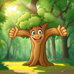 a cartoon illustration of an elm tree with muscular arms as branches, the tree has a friendly face with expressive eyes and a big smile, standing proudly in a lush green forest, with rays of sunlight filtering through the leaves, creating a magical atmosphere