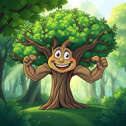 a cartoon illustration of an elm tree with muscular arms as branches, the tree has a friendly face with expressive eyes and a big smile, standing proudly in a lush green forest, with rays of sunlight filtering through the leaves, creating a magical atmosphere