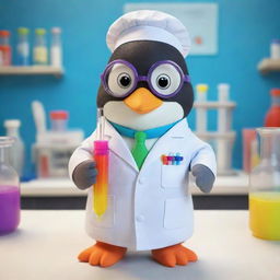 A cartoon-style penguin, dressed in a lab coat with safety goggles on, holding a colorful test tube, in a vibrant, animated science laboratory.