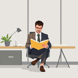 A book cover designed with vector-based, minimalist, and modern art featuring a man in a suit sitting in his office, engrossed in reading a book