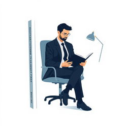 A book cover designed with vector-based, minimalist, and modern art featuring a man in a suit sitting in his office, engrossed in reading a book