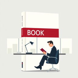 A book cover designed with vector-based, minimalist, and modern art featuring a man in a suit sitting in his office, engrossed in reading a book