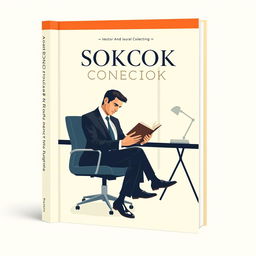 A book cover designed with vector-based, minimalist, and modern art featuring a man in a suit sitting in his office, engrossed in reading a book