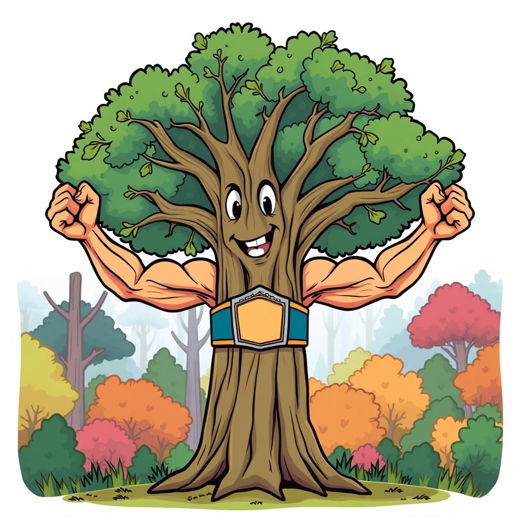 A cartoon illustration of an elm tree featuring muscular arms as branches