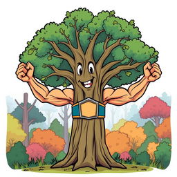 A cartoon illustration of an elm tree featuring muscular arms as branches