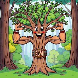 A cartoon illustration of an elm tree featuring muscular arms as branches