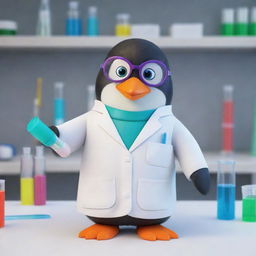 A cartoon-style penguin, dressed in a lab coat with safety goggles on, holding a colorful test tube, in a vibrant, animated science laboratory.