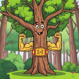 A cartoon illustration of an elm tree featuring muscular arms as branches