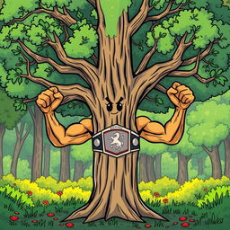 A cartoon illustration of an elm tree featuring muscular arms as branches