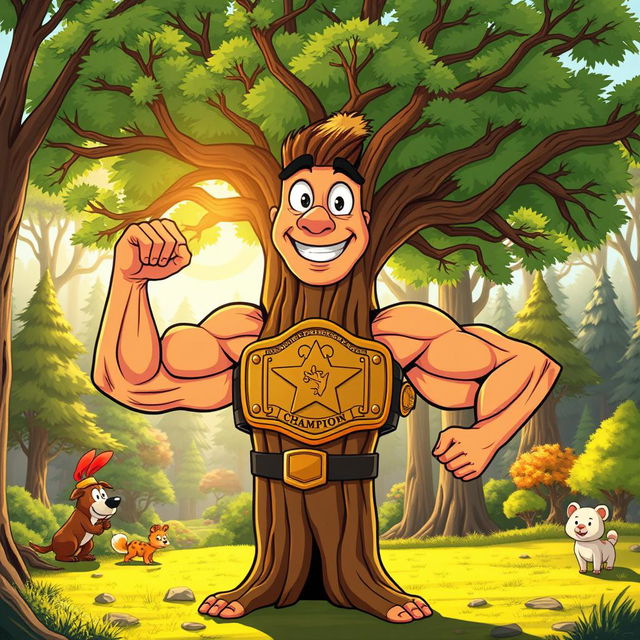 A cartoon depiction of a strong and confident elm tree with muscular arms instead of branches