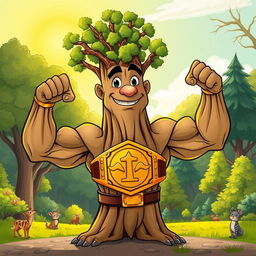 A cartoon depiction of a strong and confident elm tree with muscular arms instead of branches