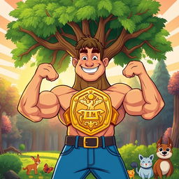 A cartoon depiction of a strong and confident elm tree with muscular arms instead of branches