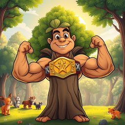 A cartoon depiction of a strong and confident elm tree with muscular arms instead of branches