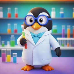 A cartoon-style penguin, dressed in a lab coat with safety goggles on, holding a colorful test tube, in a vibrant, animated science laboratory.