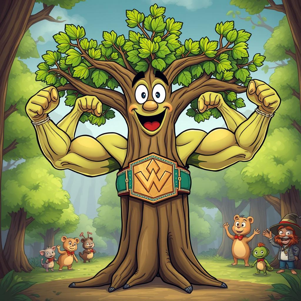 A cartoonish elm tree with muscular arms as branches, each flexing impressively