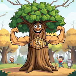 A cartoonish elm tree with muscular arms as branches, each flexing impressively