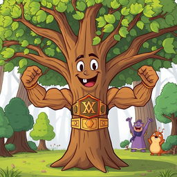 A cartoonish elm tree with muscular arms as branches, each flexing impressively