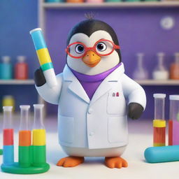 A cartoon-style penguin, dressed in a lab coat with safety goggles on, holding a colorful test tube, in a vibrant, animated science laboratory.