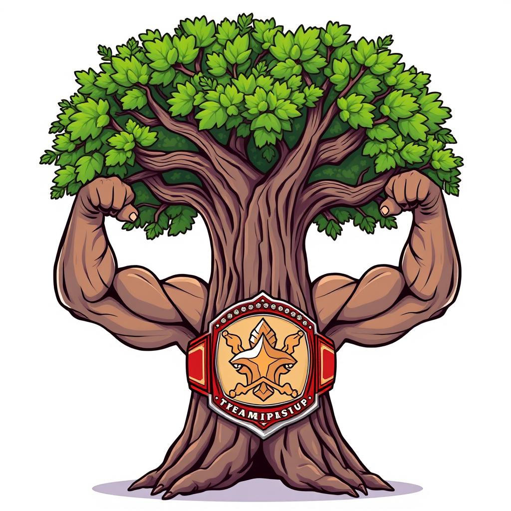 A cartoon illustration of an elm tree with muscular arms for branches, wearing a championship belt, against a white background