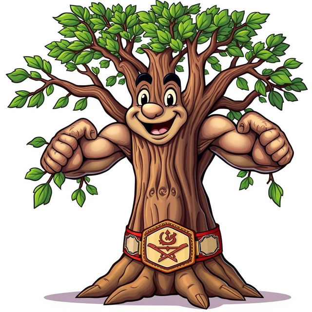 A cartoon illustration of an elm tree with muscular arms for branches, wearing a championship belt, against a white background