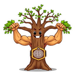 A cartoon illustration of an elm tree with muscular arms for branches, wearing a championship belt, against a white background