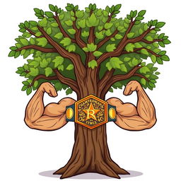 A cartoon illustration of an elm tree with muscular arms for branches, wearing a championship belt, against a white background