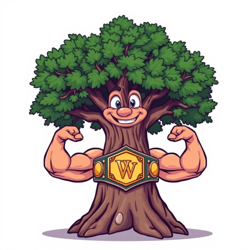 A cartoon illustration of an elm tree with muscular arms as branches, proudly wearing a championship belt around its trunk