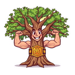 A cartoon illustration of an elm tree with muscular arms as branches, proudly wearing a championship belt around its trunk