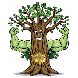 A cartoon illustration of an elm tree with muscular arms as branches, proudly wearing a championship belt around its trunk