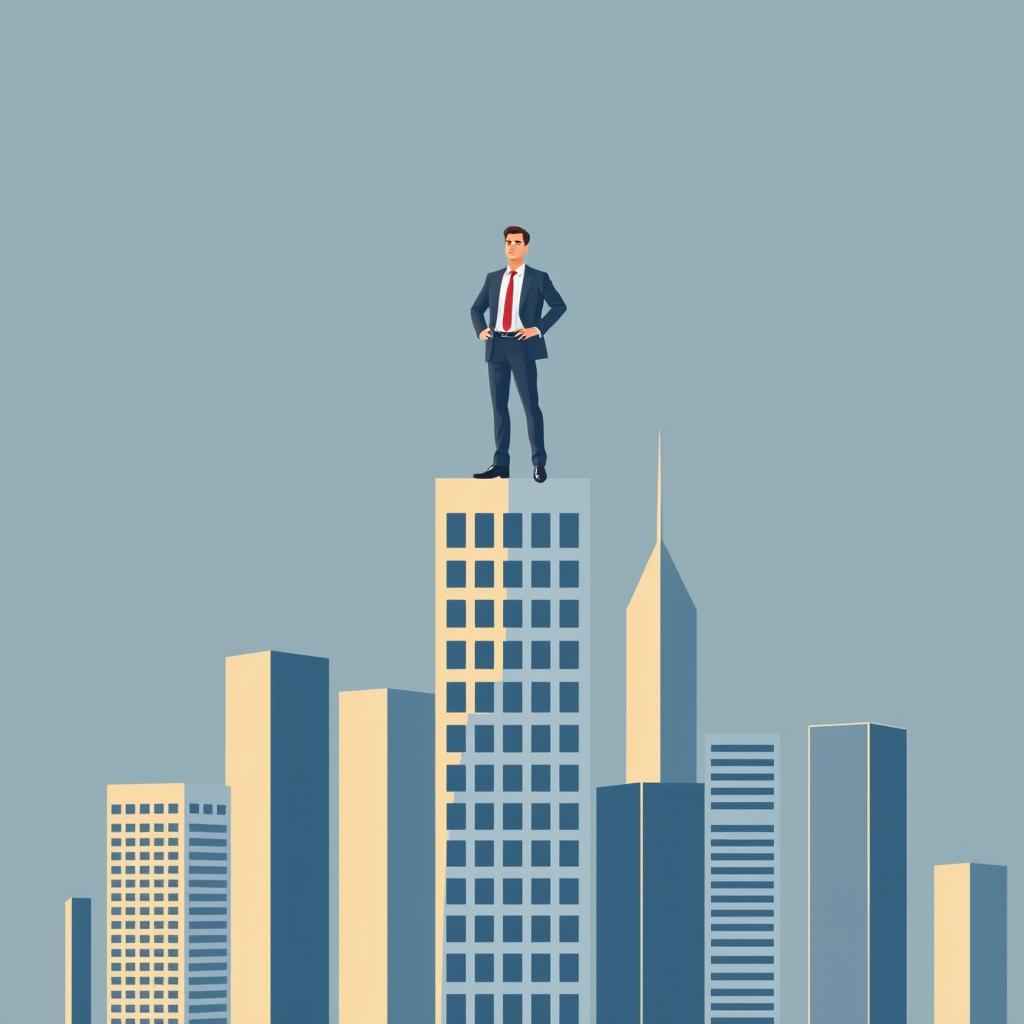 An illustration of a man in a suit standing confidently on top of the tallest building among several others