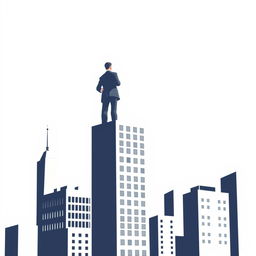 An illustration of a man in a suit standing confidently on top of the tallest building among several others