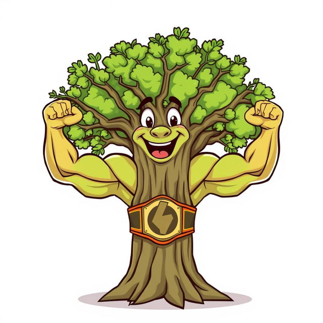 A cartoon illustration of an elm tree with muscular arms as branches, proudly wearing a championship belt around its trunk