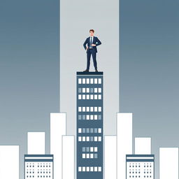 An illustration of a man in a suit standing confidently on top of the tallest building among several others