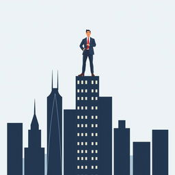 An illustration of a man in a suit standing confidently on top of the tallest building among several others