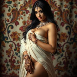 Sensual Indian woman with long dark hair, voluptuous figure, wearing traditional jewelry, gracefully posed in an alluring manner, soft lighting, adorned with intricate henna designs on her hands and feet, elegant drapery partially covering her body in a tasteful way, surrounded by an elaborate and colorful backdrop inspired by Indian textiles