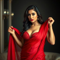 A seductive Indian woman with voluptuous curves, highlighted by the vibrant red saree draped around her, revealing her matching red bra