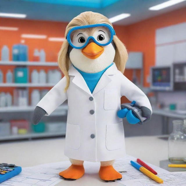 A cartoon-style female penguin with blonde hair, dressed as a chemical engineer with a white lab coat, safety goggles, and holding a blueprint, in a vibrant, colorful chemical laboratory.