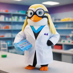 A cartoon-style female penguin with blonde hair, dressed as a chemical engineer with a white lab coat, safety goggles, and holding a blueprint, in a vibrant, colorful chemical laboratory.