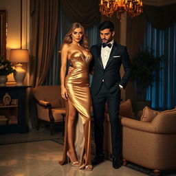 a confident woman with an elegant figure wearing a luxurious dress, paired with high heels, standing beside her boyfriend in a beautifully decorated room