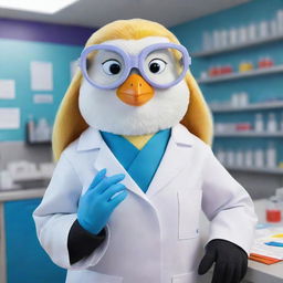 A cartoon-style female penguin with blonde hair, dressed as a chemical engineer with a white lab coat, safety goggles, and holding a blueprint, in a vibrant, colorful chemical laboratory.