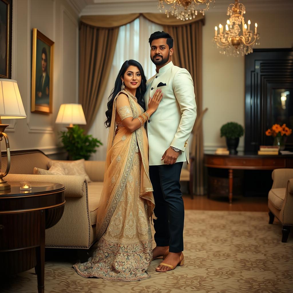 a confident woman wearing a beautiful mekhela chadar, paired with high heels, standing closely beside her boyfriend in an elegantly decorated room