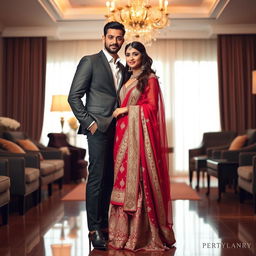 a confident woman wearing a beautiful mekhela chadar, paired with high heels, standing closely beside her boyfriend in an elegantly decorated room